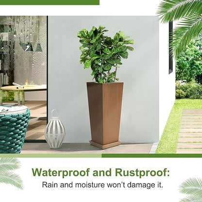 24-Inch Tall Planters Set of 2 for Outdoor and Indoor Use,Tapered Flower Pots with Drainage Tray, Front Porch and Patio Decor,Ideal for Large Plants (Brown)