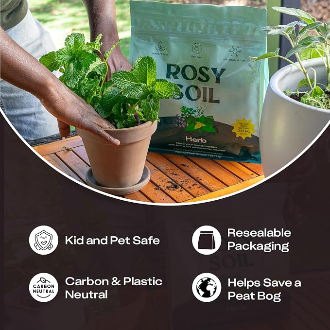 Rosy Soil Herb Mix - Organic Indoor and Outdoor Herb Soil - Biochar, Worm Castings, Mycorrhizae - Peat Free Potting Mix, Fast Draining - Basil Cilantro Lavender Thyme Mint Rosemary - 4qt