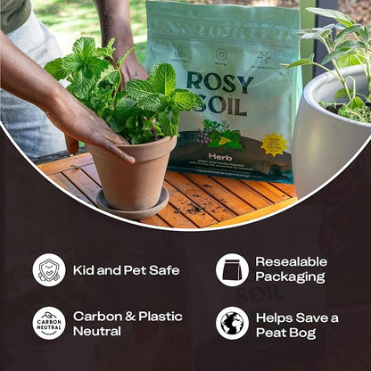 Rosy Soil Herb Mix - Organic Indoor and Outdoor Herb Soil - Biochar, Worm Castings, Mycorrhizae - Peat Free Potting Mix, Fast Draining - Basil Cilantro Lavender Thyme Mint Rosemary - 4qt