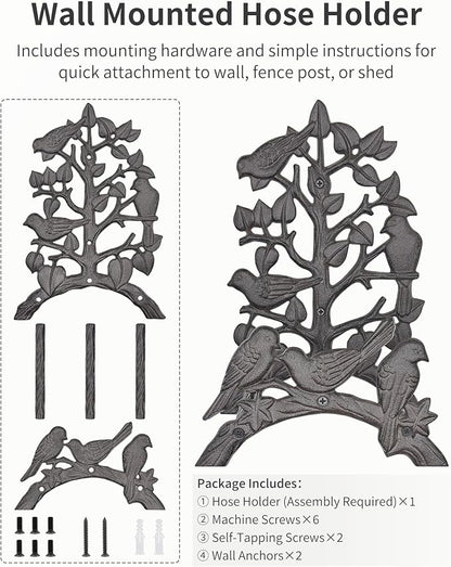 Cast Iron Garden Hose Holder Wall Mount, Rustic Heavy Duty Water Hose Hanger Storage Rack, Decorative Vintage Hose Reel Organizer for Outside Garden Yard Patio, Birds on Branch Design