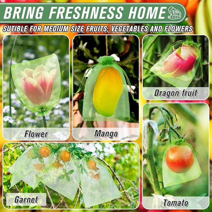 ANZNKU 100pcs 6x9 Inch Fruit Protection Bags, Fruit Bags for Fruit Trees, Green Mesh Cover Bag Garden Netting Pest Barrier for Tomato Mango Vegetables