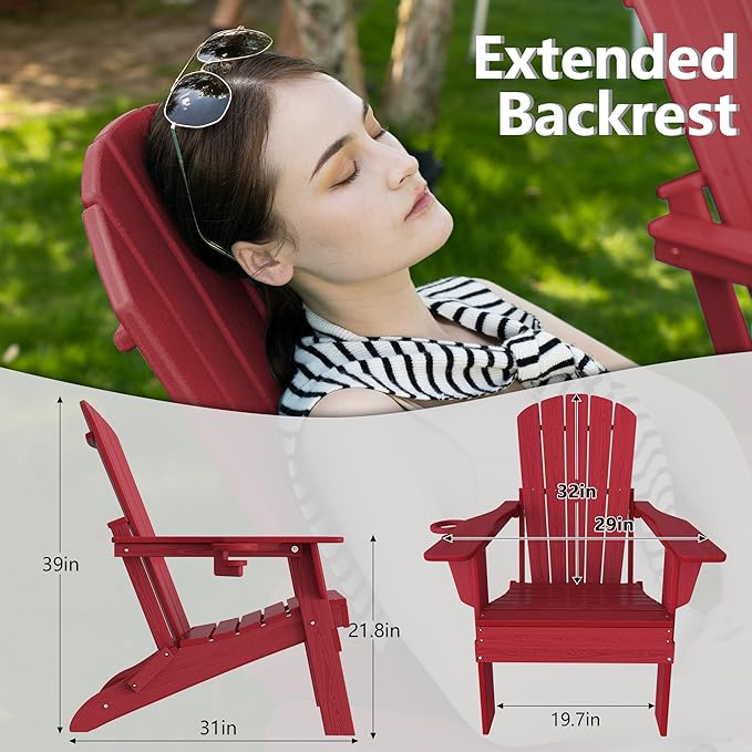 Plawdlik Folding Adirondack Chair Set of 2,Cup Holder,Wooden Textured,Heavy All-Weather HDPE Outdoor Chairs, Poolside Backyard Lawn,Red