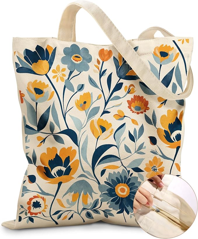 Miss Adola Canvas Tote Bag for Women – Aesthetic Canvas Bag with Zipper Cute Stylish Reusable Shoulder Totes for Shopping Work Daily Vacation, Blue Yellow Flower