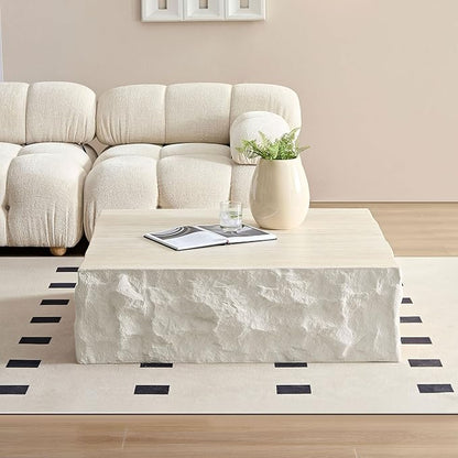 kevinplus ø35.43'' Square Coffee Table for Living Room, Modern Drum Circle Stone Coffee Table, Fiberglass Material, No Assembly, Beige