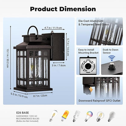 Dusk to Dawn Outdoor Lighting with GFCI Outlet, Modern Oil Rubbed Bronze Exterior Light Fixtures, Anti-Rust Outdoor Lights for House, Garage, Patio, Doorway, 100% Aluminum, Waterproof