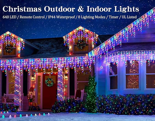 Christmas Icicle Lights Outdoor,640 LED 65.6 FT 8 Modes with Remote Control, Curtain Fairy String Lights for Christmas Decorations Holiday Wedding Party Eaves Window Yard Indoor (Multicolor)