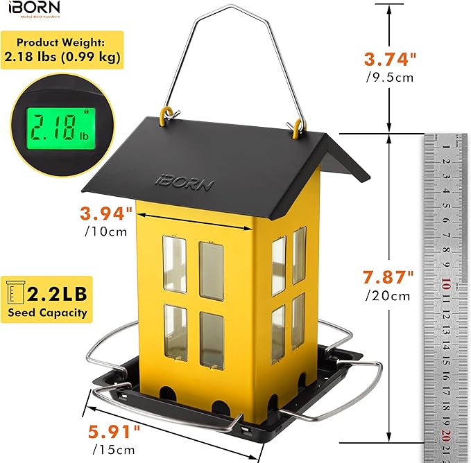 iBorn Bird Feeder House, Metal Bird Feeders for Outdoors Hanging,Double-Sided Metal Hanger & Weatherproof, Easy to Clean & Refill, 2.2 Lbs Capacity, Yellow