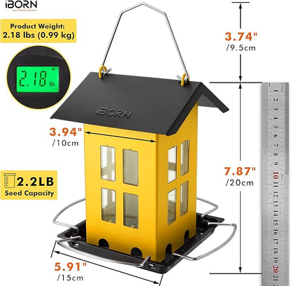 iBorn Bird Feeder House, Metal Bird Feeders for Outdoors Hanging,Double-Sided Metal Hanger & Weatherproof, Easy to Clean & Refill, 2.2 Lbs Capacity, Yellow