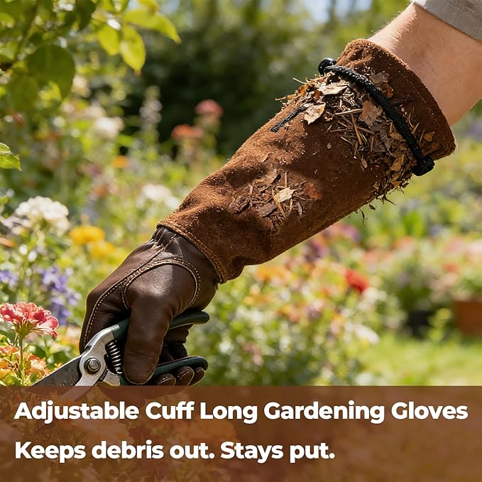 Aegend Gardening Gloves Men, Long Elbow Cuff with Adjustable Strap, Sun & Dirt Protection, Cowhide Leather, Breathable & Comfortable Yard Work, Fit Large Hands for Gardeners (Brown, XL)