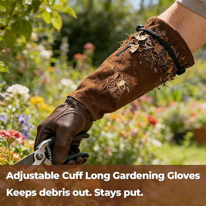 Aegend Gardening Gloves Men, Long Elbow Cuff with Adjustable Strap, Sun & Dirt Protection, Cowhide Leather, Breathable & Comfortable Yard Work, Fit Large Hands for Gardeners (Brown, XL)