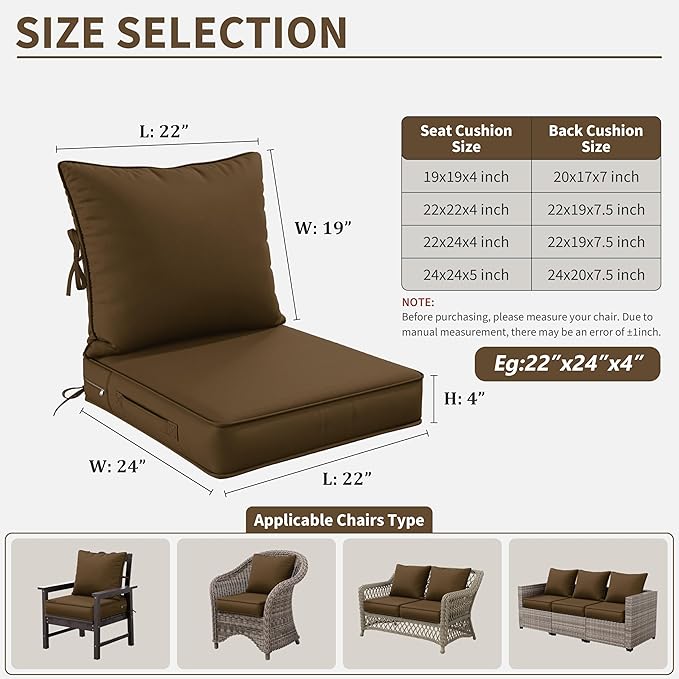 Premium Outdoor Seat Cushion Chair Cushions for Patio Furniture 22 L X 24 W X 4 H Waterproof & Fade Resistant Deep Seat and Backrest Cushion Set with Removable Covers for Chair, Sofa
