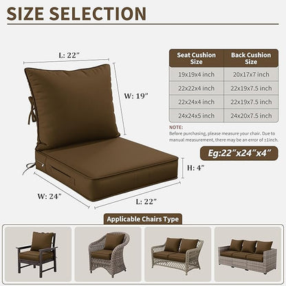 Premium Outdoor Seat Cushion Chair Cushions for Patio Furniture 22 L X 24 W X 4 H Waterproof & Fade Resistant Deep Seat and Backrest Cushion Set with Removable Covers for Chair, Sofa