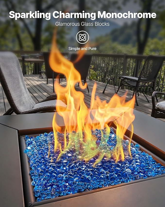 VEVOR Fire Glass, 10LBS / 4.5KG High-Temperature Resistant Fireplace Rocks, 1 Inch / 25.4 mm Reflective Firepit Glass Diamond Beads, High Luster Stone Landscaping for Fire Pit Table, Caribbean Blue