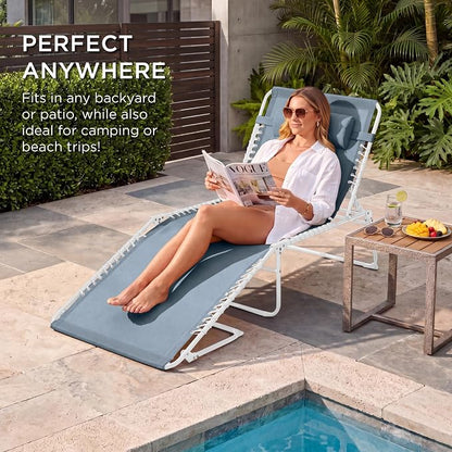 Best Choice Products Extra Wide Patio Chaise Lounge Chair, Portable Outdoor Folding Recliner for Lawn, w/ 8 Positions, Handles, 440lb Capacity - French Blue/White