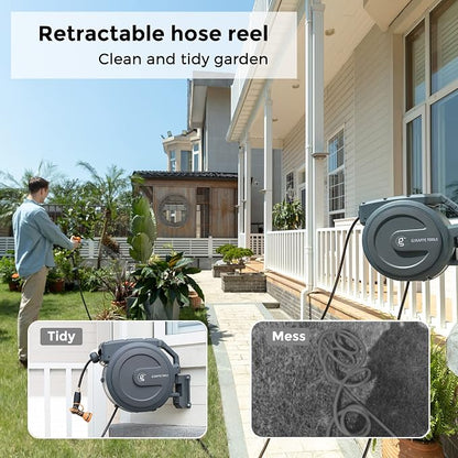 Giraffe Tools Retractable Hose Reel 1/2 in x130 FT PRO Metal Bracket Wall Mounted Heavy Duty Hose Reel with 9 Pattern Nozzle 180 Deg Swivel, Metal Bracket Any Length Lock (1/2 130FT PRO, Dark Grey)
