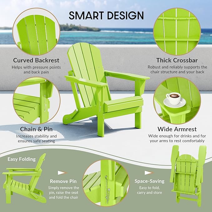 WestinTrends Malibu Malibu Outdoor Folding Poly Adirondack Chair (Set of 8), Lime
