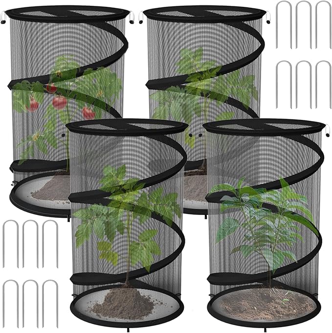 4 Pack Pop up Plant Guard Covers Tent from Animals Black, 19.6" x 11.8" Foldable Plant Protectors Mesh Net, Garden Plant Enclosure Protection Cage with Stakes & Carry Bag for Outdoor Plants
