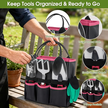 WOWBOX Garden Tools Set - 10 PCS, Heavy Duty Gardening Hand Tools Kit with Storage Tote, Rust-Resistant Gardening Supplies for Planting with Non-Slip Ergonomic Handle for Women and Men (Red)