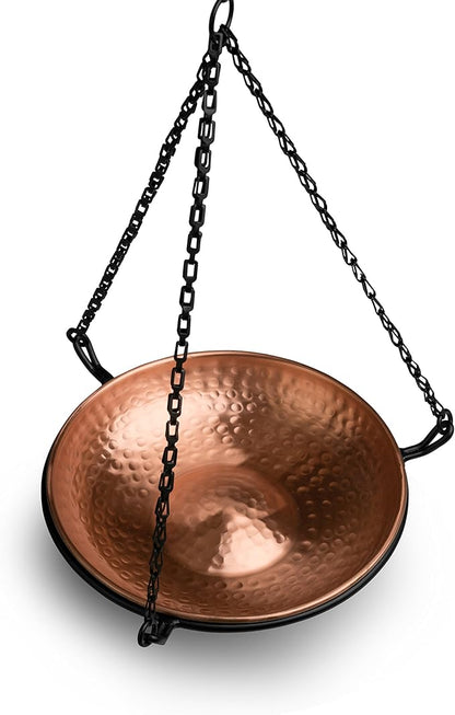 Monarch Abode Pure Copper Hand Hammered Hanging Bird Bath and Feeder w/ Iron Chain, 17-inch Detachable Iron Chain Outdoor Birdbath and Birdfeeder for Garden Backyard Patio & Deck, Bird Water Feeder