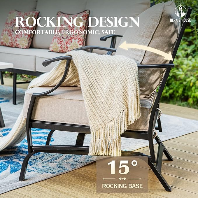 HERA'S HOUSE 5 Pieces Patio Furniture Set, 2 x Cushioned Rocking Chair, 2 x Ottoman, 1 x 3-Seat Sofa, All Cushioned 7 Seats Outdoor Conversation Set for Lawn Garden Backyard