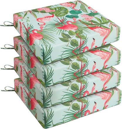 UNIKOME Outdoor Chair Cushions Pack of 4, Water Resistant Patio Cushions with Ties, High Density Sponge Filling Square Corner Seat Cushions for Outdoor Furniture, 19"*19"*3", Flamingos