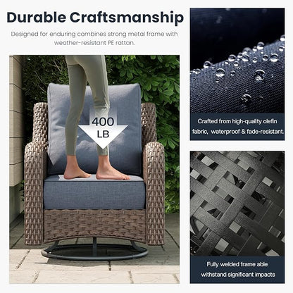 7 Pieces Outdoor Patio Furniture Sets with Rocking Swivel Chairs with 6-inch Thick Cushion and Fire Pit Table for Deck Lawn