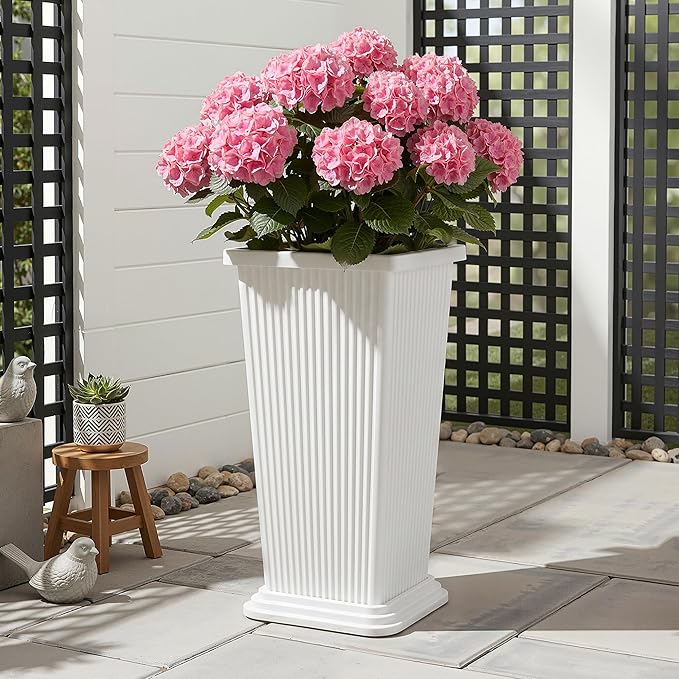 Tall Outdoor Planters Set of 2, 24" Tapered Outdoor Tall White Planter for Front Porch, Large Indoor Modern Planter Flower Pots with Tray, Drainage Holes (Ribbed)