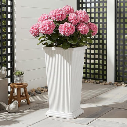 Tall Outdoor Planters Set of 2, 24" Tapered Outdoor Tall White Planter for Front Porch, Large Indoor Modern Planter Flower Pots with Tray, Drainage Holes (Ribbed)
