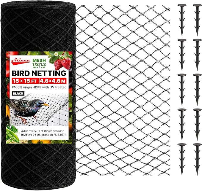 ATICCA Heavy Duty Bird Netting for Garden Protection & Fruit Trees, 15x15 Ft with 10 Stakes – Black Anti-Bird Net for Poultry, Deer, & Squirrel Protection, Durable Nylon Mesh for Garden and Yard Use