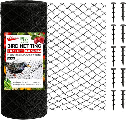 ATICCA Heavy Duty Bird Netting for Garden Protection & Fruit Trees, 15x15 Ft with 10 Stakes – Black Anti-Bird Net for Poultry, Deer, & Squirrel Protection, Durable Nylon Mesh for Garden and Yard Use