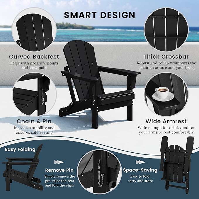 Westin Outdoors Laguna WO Home Furniture Adirondack Chair 2 PCS Set Outdoor Folding Patio Chair for Bon Fire Pit Garden Lawn Backyard Lounging Relaxing (Black)
