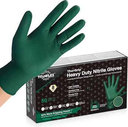 TitanFlex Heavy Duty Industrial Nitrile Gloves with Raised Diamond Texture, 8-mil, Latex Free (Green/Dark Green/Yellow)