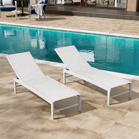 Crestlive Products Lounge Chair Outdoor Set of 2, Aluminum Pool Chaise Lounge Chairs, Adjustable Five-Position Tanning Recliner, All Weather for Patio, Beach, Yard, Pool (Multi-Color)