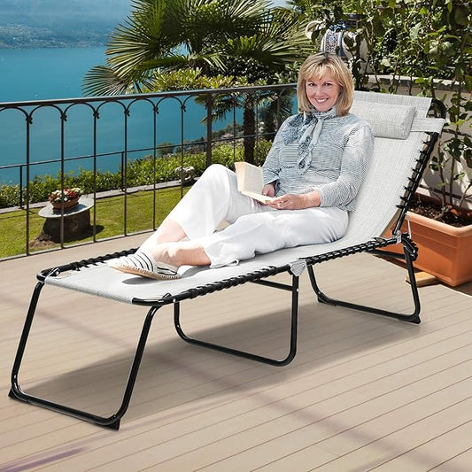 GYMAX Tanning Chair, Extra High Lounge Chair with Removable Pillow, Detachable Side Pocket & Adjustable Backrest, Folding Chaise Lounger for Sunbath, Layout Beach Chair for Indoor/Outdoor (2, Grey)