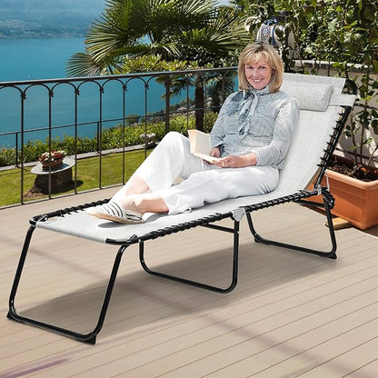 GYMAX Adjustable Chaise Lounge, Folding Lightweight Patio Recliner with Removable Pillow, Poolside Beach Sunbathing Chair for Outdoor/Indoor (Grey)