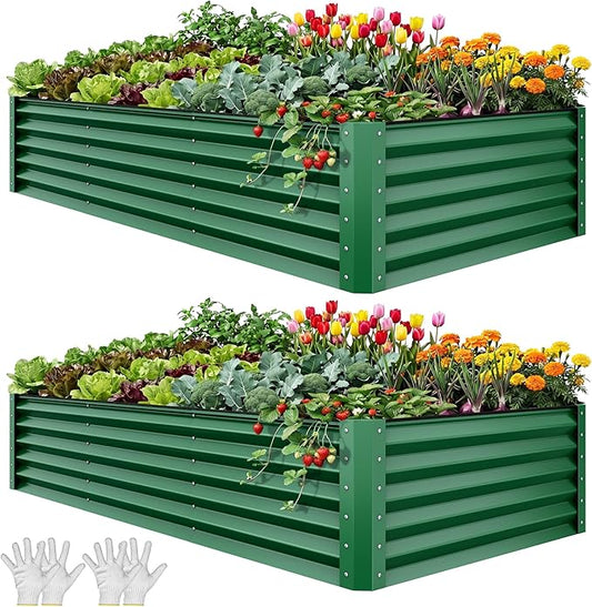 YITAHOME 8x4x1.5ft 2pcs Large Raised Garden Bed Kit, Galvanized Metal Planter Box with Gloves, Ground Nails & Safety Rubber, Outdoor Above Ground Planters for Plants Vegetables Flowers, Green