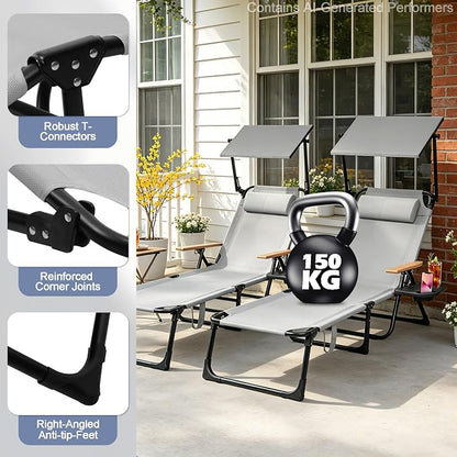 Beach Lounge Chairs with Armrests, 4-Position Folding Lounge Chairs for Outside, Sunbathing Portable Lounge Chaise, Tanning Chair Pillow & Cup Holder, for Outside Beach Pool (Grey.)