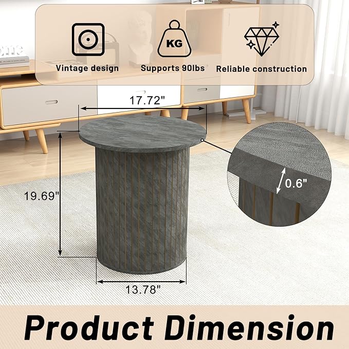 Round Fluted End Table - Small Accent Pedestal Side Table, Circle Fluted Wood Nightstands Bedside Table for Living Room, Bedroom, Handcrafted Finish, Grey