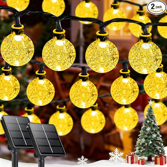 2-Pack 72FT 120 LED Crystal Globe Solar Christmas String Lights Outdoor, Waterproof Solar Lights for Outside, 8 Lighting Modes Christmas Decorations for Xmas Garden Yard Wedding Party(Warm White)
