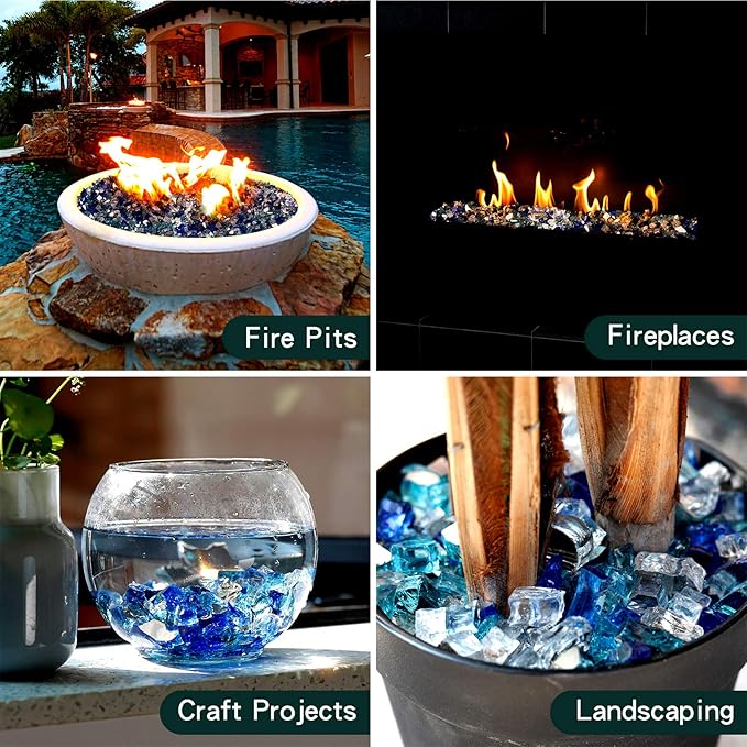 Mr. Fireglass 10 Pounds Blended Fire Glass - 1/2 Inch Mixed Colored High Luster Reflective Tempered Glass Rocks for Fireplace Fire Pit Table Fireplace and Landscaping, Aqua Blue+Cobalt Blue+Platinum