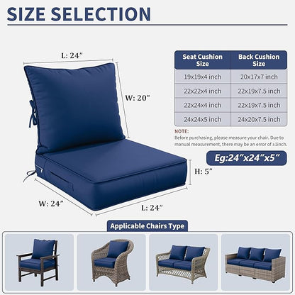 Premium Outdoor Seat Cushion Chair Cushions for Patio Furniture 24 L X 24 W X 5 H Waterproof & Fade Resistant Deep Seat and Backrest Cushion Set with Removable Covers for Chair, Sofa