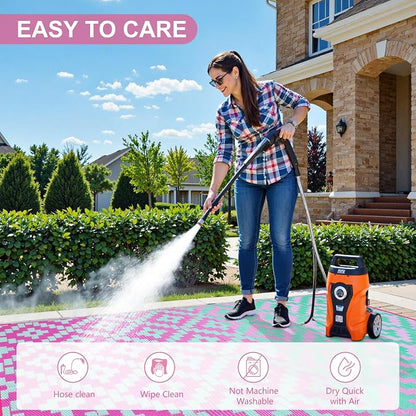 Anidaroel Ombre Outdoor Rugs for Patios Clearance Waterproof, 6x9 Reversible Geometric Plastic Straw Outside Area Rugs, RV Camping Mat for Balcony, Pool Deck, Picnic, Backgard(Green&Pink,6‘x9')