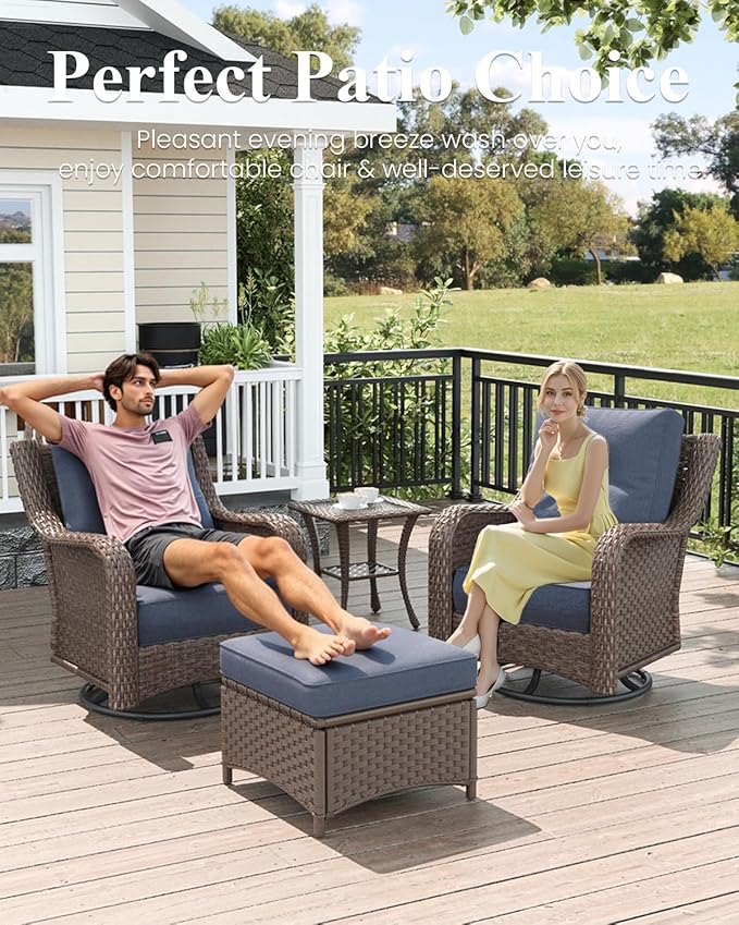LayinSun 6 Piece Wicker Outdoor Furniture Set with 6-inch Comfy Cushions, High Back Patio Furniture Set with Swivel Rocking Chairs and Side Table