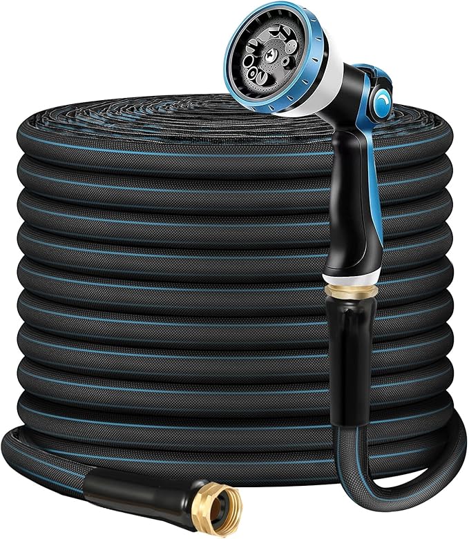 Non-Expanding Garden Hose 50ft – Flexible, Burst-Resistant, Anti-Kink, 10-Function Spray Nozzle, Lightweight & Durable for Outdoor Use(Blue）
