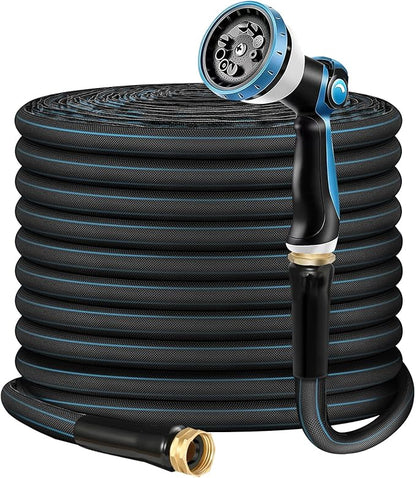 Non-Expanding Garden Hose 50ft – Flexible, Burst-Resistant, Anti-Kink, 10-Function Spray Nozzle, Lightweight & Durable for Outdoor Use(Blue）
