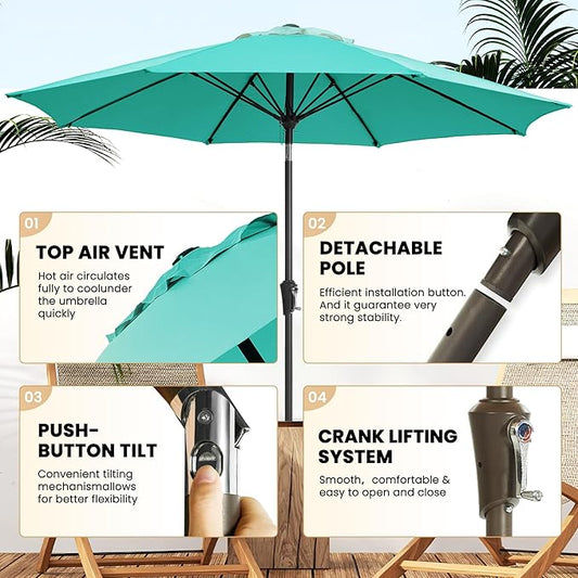 Ayge 9FT Large Outdoor Patio Umbrella Market Table Umbrella-UV Resistant, Easy Push Button Tilt and Crank, 8 Sturdy Fiberglass Ribs Heavy-Duty Pool Umbrella for Deck, Backyard,Garden,Turquoise