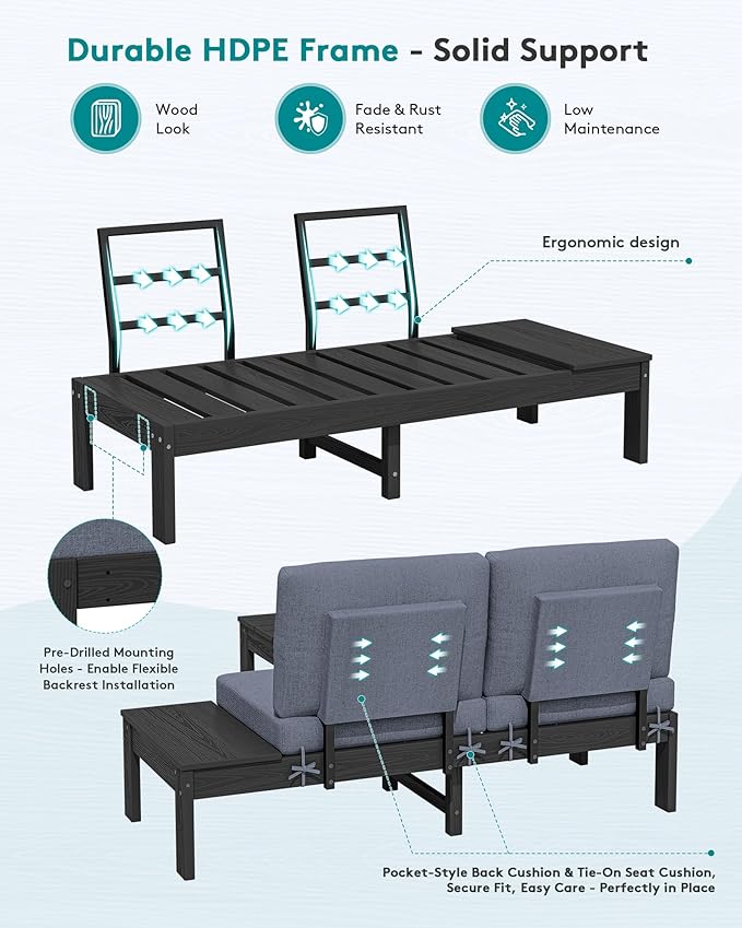 SERWALL HDPE Patio Furniture Set, All-Weather Modular Outdoor Conversation Furniture, Seats 8, Outdoor Sofa Set for Garden, Deck or Poolside, Black Frame with Grey Cushion