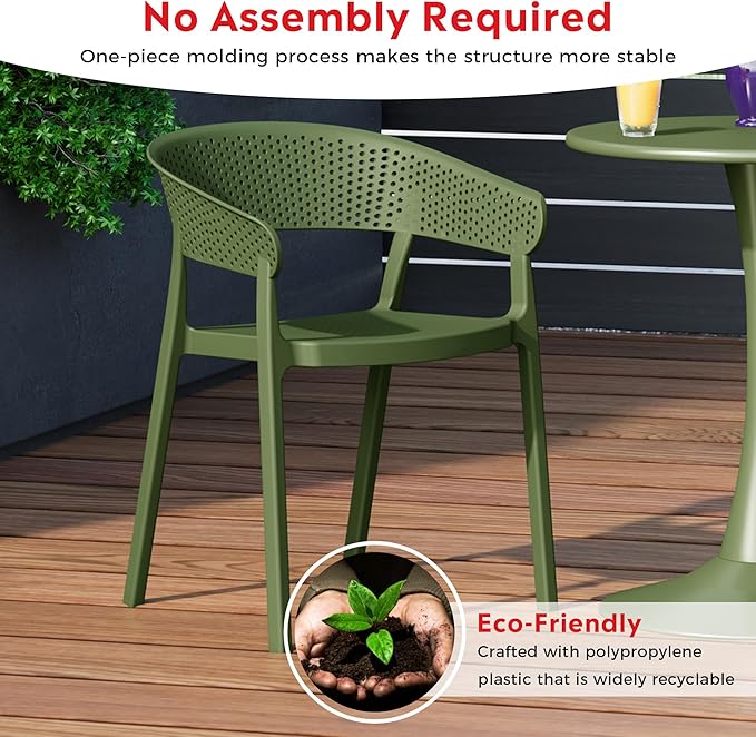 Costaelm Dining Table Set for 4, HDPE Patio Round Dining Table and Stackable Chair, Kitchen & Dining Room Sets All Weather for Backyard Porch Poolside, Olive Green