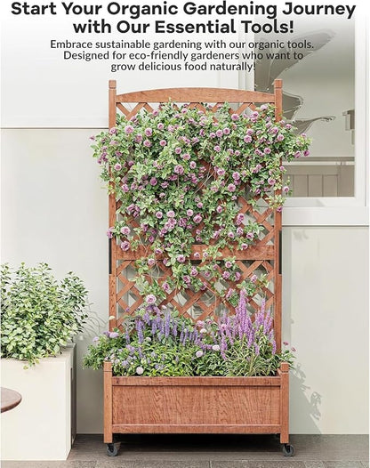 IDEALHOUS Large Raised Garden Bed with Trellis & Wheels, 61" Wooden Mobile Planter Box with Drainage Hole, Freestanding Vertical Planter for Outdoor Indoor Patio Lawn Herbs Flowers Vegetables, 2 Pack