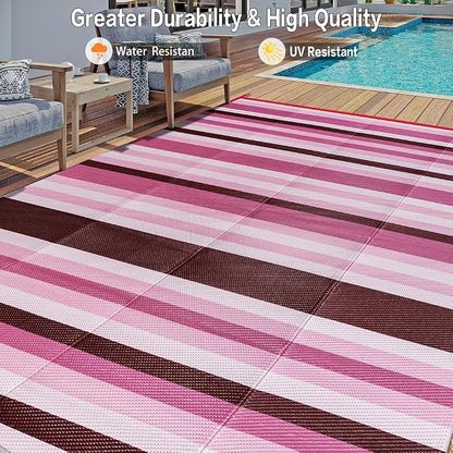HUGEAR Outdoor Waterproof Rug 8'x10' Plastic Straw Rugs Washable Reversible Floor Mat Pink Stripe Carpet for Camping RV Deck Entryance Porch Picnic Balcony Beach Backyard